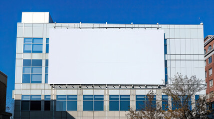 Obraz premium Large Billboard Advertisement and Marketing Mockup on Modern Building During Daylight, Urban Advertising, Promotional Display, Cityscape Marketing, Outdoor Billboard, High Visibility Ad, Commercial