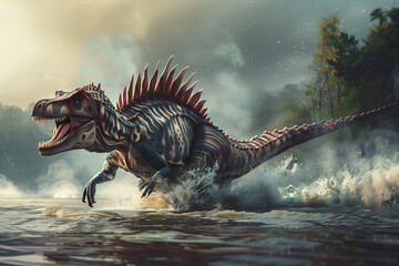Fototapeta premium Spinosaurus monstrous predator coming out of prehistoric river to hunt with lethal precision