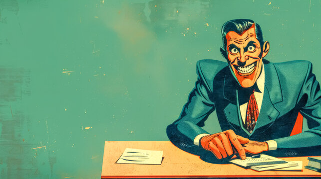 Sinister businessman smiling at desk with grunge texture