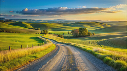 Serene rural landscape featuring a winding gravel road surrounded by rolling hills, vast open fields, and a clear blue sky perfect for creative compositions.