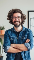 Obraz premium A man smiles warmly while standing indoors, wearing a denim jacket and glasses