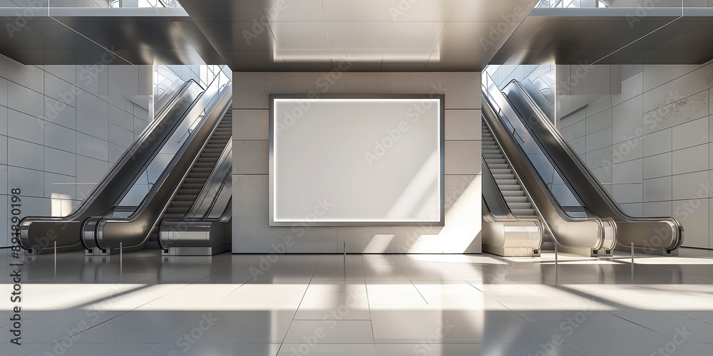 Aufkleber modern empty subway station with escalators and blank billboard banner