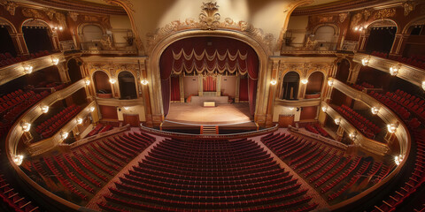 Empty theater waiting for audience with rows of red seats and stage with drawn curtains