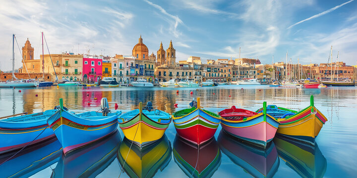 Colorful traditional luzzu boats floating on water in marsaxlokk, malta