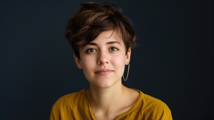 Young woman with short, brown hair smiles in yellow shirt against dark bg