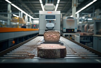 Factory interior showing meat processing, with efficient machinery and workers ensuring high-quality production. Clean, organized, and precise! 🏭🔪✨