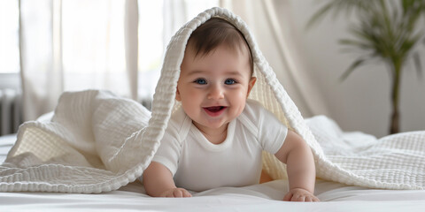 Happy baby lying on bed under white blanket