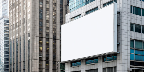 Obraz premium Large blank billboard is hanging on a modern building facade in the city