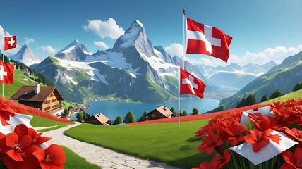 Swiss flag flying over mountains with fireworks, perfect for Swiss National Day celebrations or promoting Swiss tourism. Vibrant and patriotic