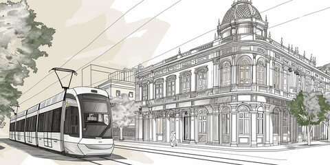 Naklejka premium Modern tram passing through historic city center