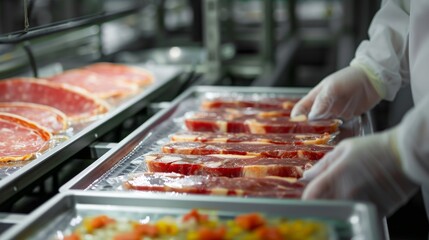 Obraz premium Meat and cheese being processed in a factory with advanced machinery and clean environment. High standards of hygiene and quality control. 🧀🍖🏭
