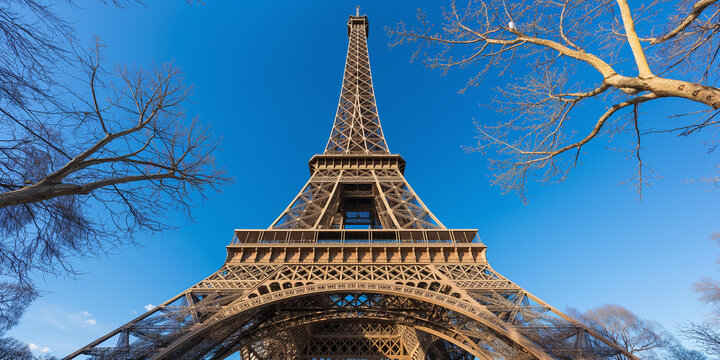 Eiffel tower standing tall against a bright blue sky on a clear winter day in paris
