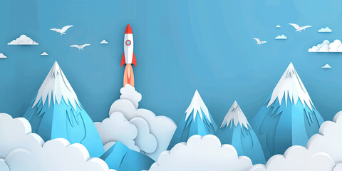 Red rocket launching over paper mountains reaching for the stars