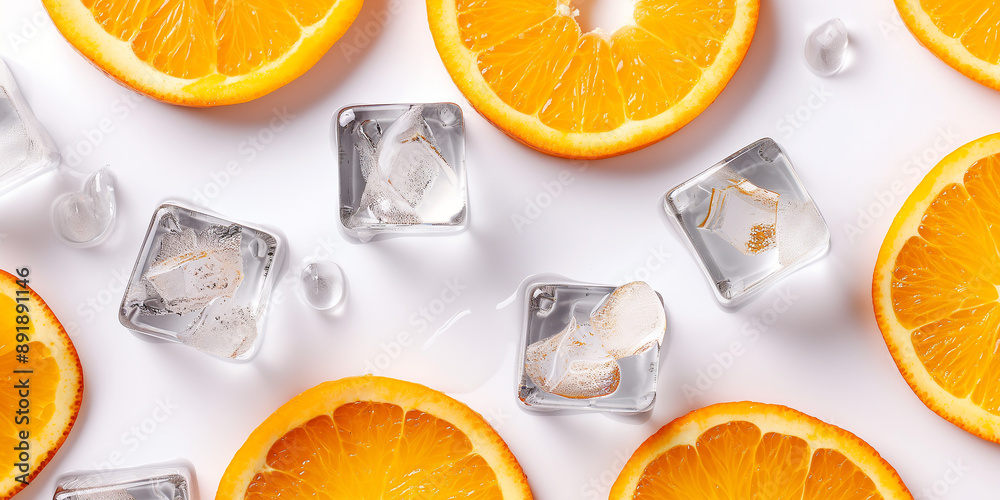 Poster Orange slices forming a pattern with ice cubes on a white background