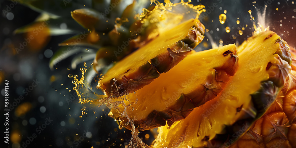 Poster slices of ripe pineapple flying and splashing with juice on black background