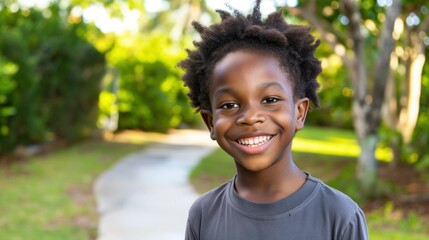 A young Black boy with curly hair smiles at the camera while standing on a pathway in a park