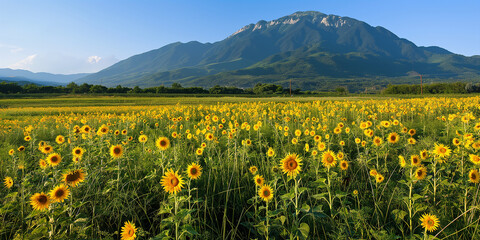 Fototapeta premium Sunflower field blooming in front of mountain range during summer