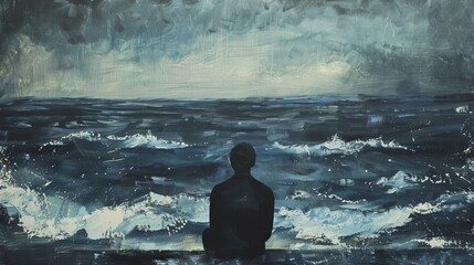 Obraz premium Man alone with the sea, lonely, depression, sad, surreal painting illustration, artwork