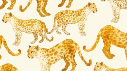 Fototapeta premium Golden and White Gouache Leopards.A stunning wallpaper featuring beautifully painted leopards in white and gold, showcasing intricate details and sculpted aesthetics.