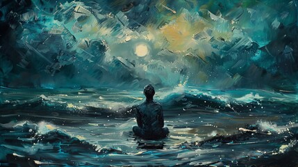 Obraz premium Man alone with the sea, lonely, depression, sad, surreal painting illustration, artwork