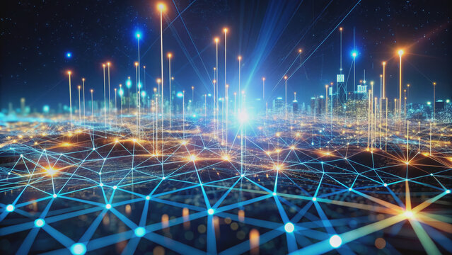 Abstract futuristic digital landscape with interconnected nodes, glowing circuits, and pulsing lines, representing a complex technological network infrastructure.