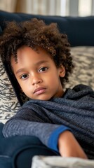 Obraz premium A young boy with curly hair rests on a couch with a serious expression