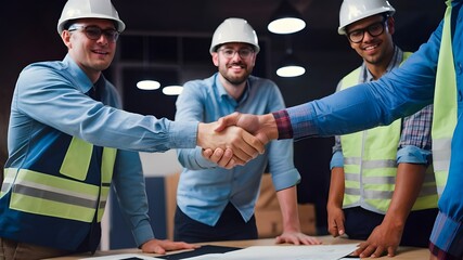 An architect and engineer, both construction workers, shaking hands on a scaffold. Agreement, cooperation deal done