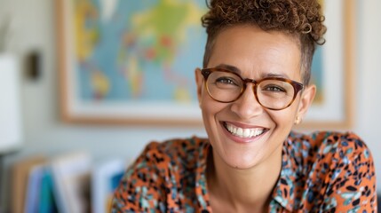 A biracial woman with short, curly hair wears glasses and smiles while standing in front of a map
