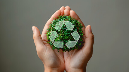 An open hand offering a green sphere adorned with the recycle symbol, emphasizing environmental awareness and sustainability