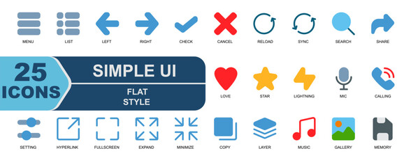 25 essential icons .flat style icons .contains power,mic,audio,calling,phone,setting,adjust,hyperlink,fullscreen,screenshot,expand,minimize,copy icons.

