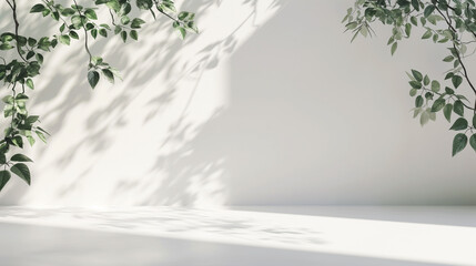 Blank empty white wall and floor studio with natural leaves shadow overlay mockup background for design, product montage display