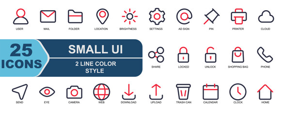 collection of small size ui icons.style 2 line color.camera,browser,web,download,upload,location,map,sun,brightness,settings.
