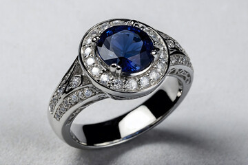 A ring with a blue sapphire on a white background.