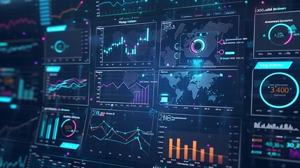 Financial charts and graphs on a virtual interface, business dashboard with marketing and social media data, dark blue background,