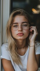 Fototapeta premium A young woman with blonde hair and glasses leans on a windowsill, looking directly at the camera