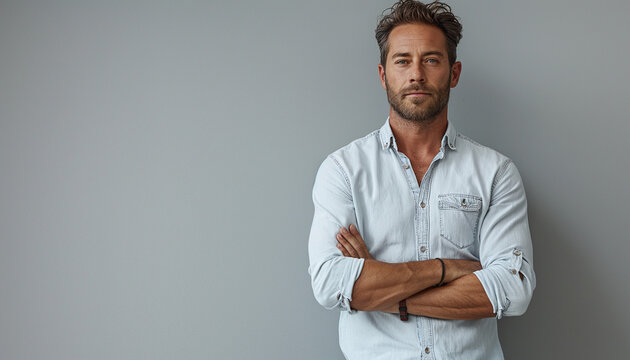 Homem de 41 anos com barba curta, cabelo curto castanho claro, camisa branca, jeans azul e t&ecirc;nis preto IA Generativa