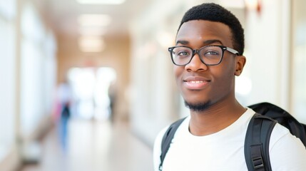 Fototapeta premium Young Black man wearing glasses and backpack smiles in hallway