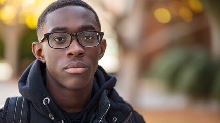 Obraz premium A young Black man with glasses and a black hoodie stands outdoors