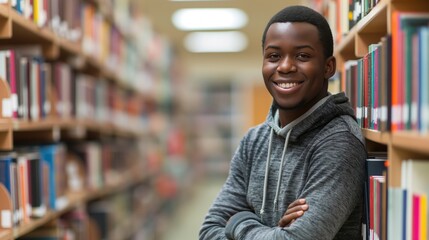 Fototapeta premium A young Black man smiles and leans against a bookshelf filled with books