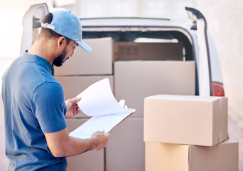 Van, clipboard and delivery man with check inventory in outdoor for shipping, courier service or cargo. Package, logistics and employee with cardboard for export, distribution or commercial supplier