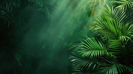 Lush green tropical foliage with sunlight filtering through, creating serene jungle ambiance