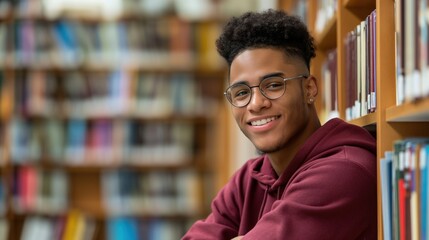 A young man with glasses smiles at the camera while leaning against bookshelves in a library