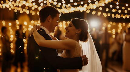 Bride and groom dancing under fairy lights with wedding guests celebrating indoors in a beautifully lit reception hall.