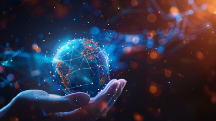 Hand Holding Virtual Global Internet Connection in Metaverse: Illustrating a hand holding a virtual global internet connection, symbolizing business applications in technology, digital marketing