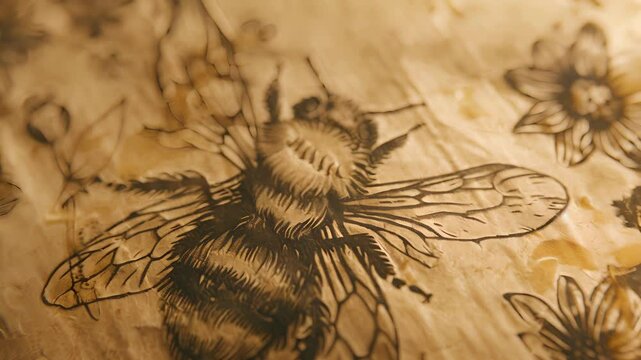 The closeup view of a beeswax wrap with a rustic bee and flower print highlighting the handdrawn details and charm of the design.