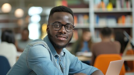 Fototapeta premium A Black man smiles while working on laptop in library