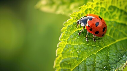 Ladybug with black spots sits on green leaf