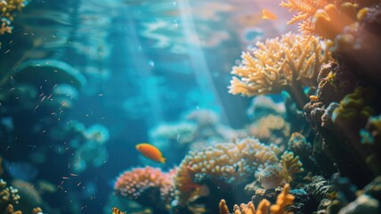 Obraz premium Vibrant underwater scene of coral reefs and fish in clear blue water, illuminated by sunlight