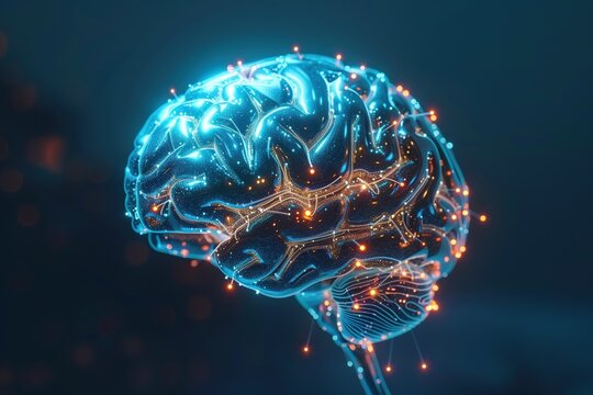 A digital rendering of a human brain with bright, neon-like lights highlighting its structure and connections. The colors shift between blue and red, emphasizing the dynamic and complex nature of brai