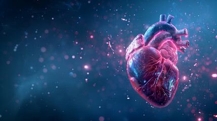 Human heart floating on a dark blue background with small, bright pink lights, shiny and translucent